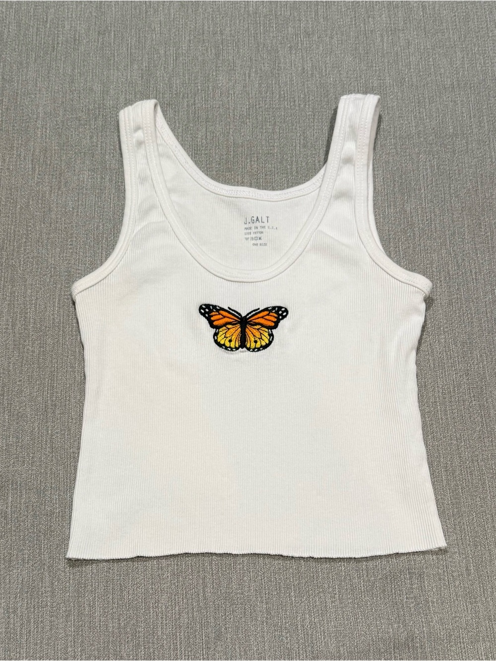 J.Galt White Ribbed Tank with Orange Butterfly Patch
